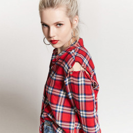 歐美風 肩膀氣眼拼接個性潮流襯衫