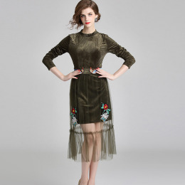 精緻刺繡 修身顯瘦金絲絨連身洋裝 (套裝)