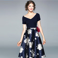 V領短袖拼接花朵印花大擺連身洋裝小禮服_1