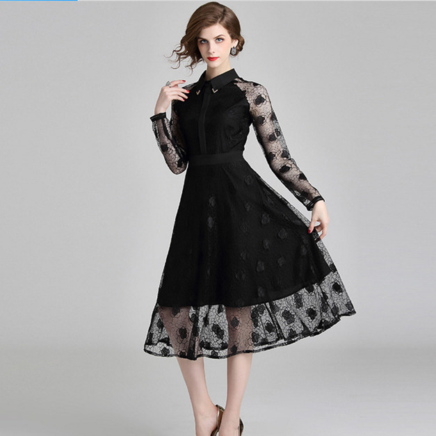 蕾絲拼接 OL氣質風襯衫領連身洋裝