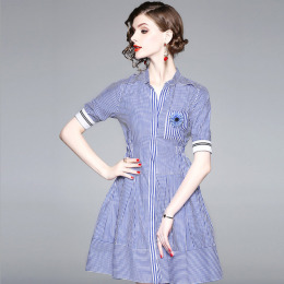 氣質條紋 釘珠娃娃領修身小洋裝