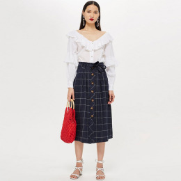 英倫復古 高腰收褶顯瘦單排釦中長裙