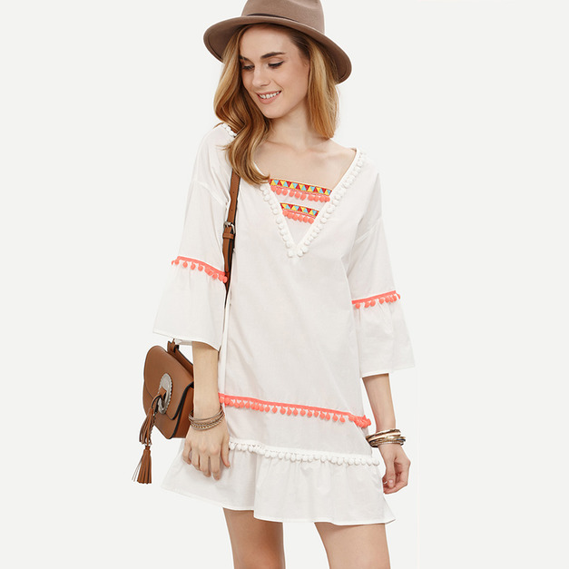 歐美時尚V領織帶拼接寬鬆連身小洋裝