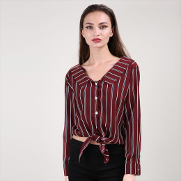撞色條紋 修身顯瘦性感V領長袖寬鬆式襯衫