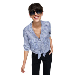 大口袋弧形下擺長袖單排釦百搭襯衫