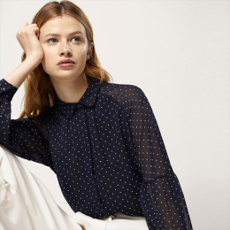 田園OL淑女風 點點微透感袖抽褶襯衫