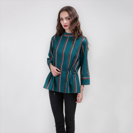 抽繩抽腰 中長版小高領隨穿隨搭顯瘦條紋襯式上衣