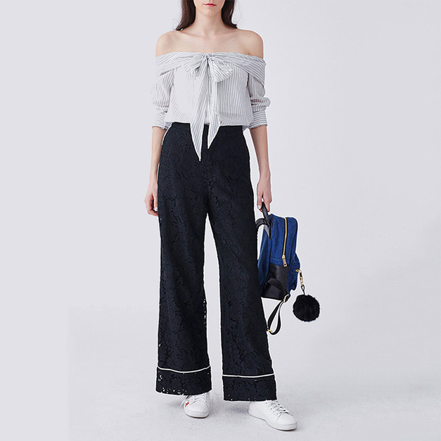 法式蕾絲設計 街頭氣質感修身顯瘦寬褲