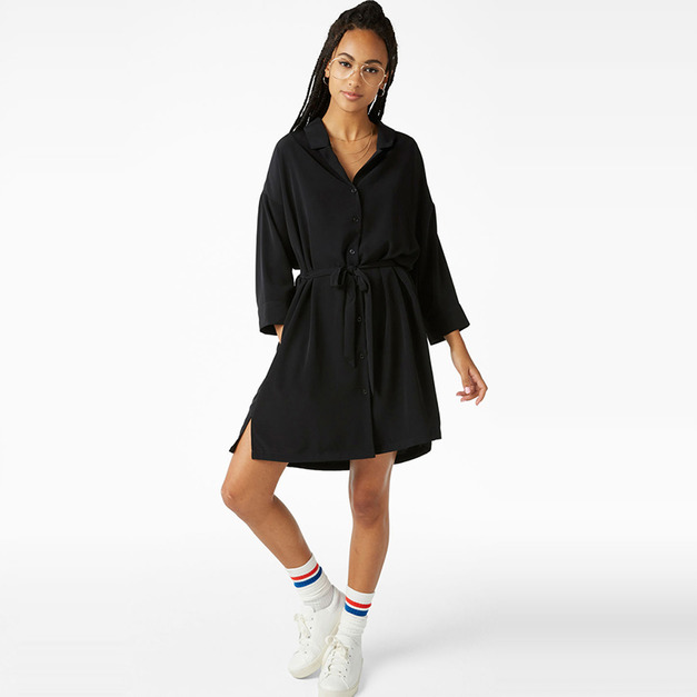 英倫學院 點點翻V領腰繫帶襯衫洋裝 (2色)