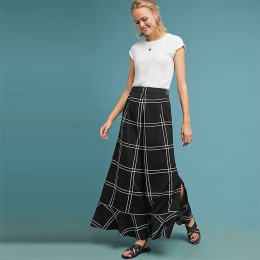 荷葉邊設計 寬鬆褲口大格紋拼接顯瘦高腰寬褲