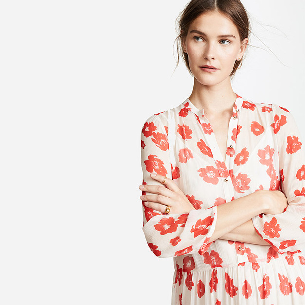 清新花卉 荷葉邊下擺七分袖寬鬆微透感連身洋裝