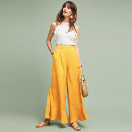 時尚街頭穿搭 純色高腰荷葉邊下擺側開叉寬褲