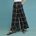 荷葉邊設計 寬鬆褲口大格紋拼接顯瘦高腰寬褲_1