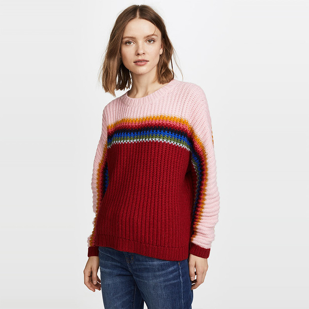 彩色撞色條紋針織下擺小開叉套頭毛衣