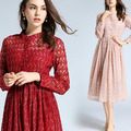 修身顯瘦 精緻蕾絲大擺中長版洋裝 (3色)