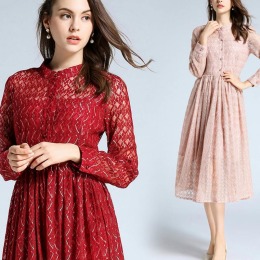 修身顯瘦 精緻蕾絲大擺中長版洋裝 (3色)