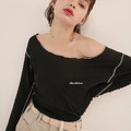 簡約大領口 一字領露肩彈力百搭長袖T-Shirt