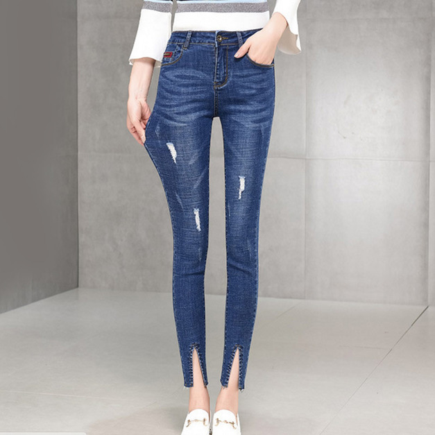 百搭個性風 微刷破彈力鉛筆小腳牛仔褲 (2色)