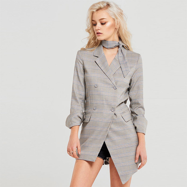 英式格紋 不對稱下擺中長版西裝外套