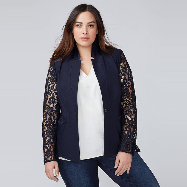 【大尺碼】OL街頭風 性感蕾絲拼接一粒扣外套