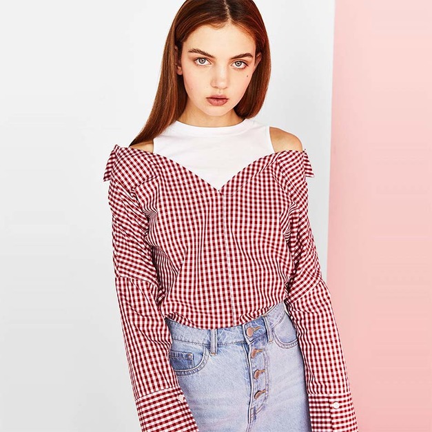 青春活力 甜美假兩件式露肩翻領休閒條紋襯衫 (2色)