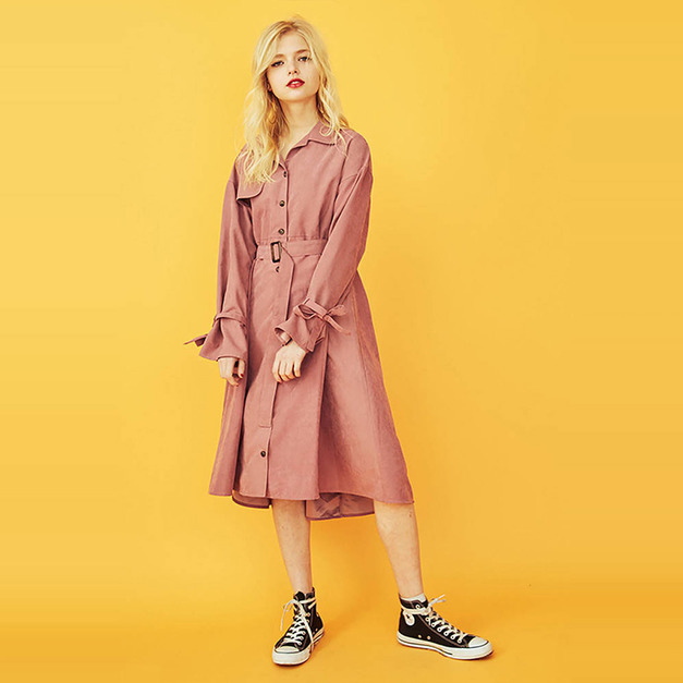 不對稱復古風 西裝領單排釦落肩袖洋裝式桃皮絨外套 (2色)