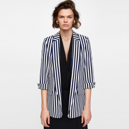 休閒條紋 翻領雙層捲邊仿珍珠袖口薄款西裝外套