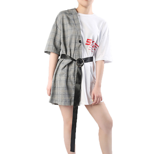 假兩件 T恤拼接金屬釦綁帶冷淡風中長版上衣 (2色)