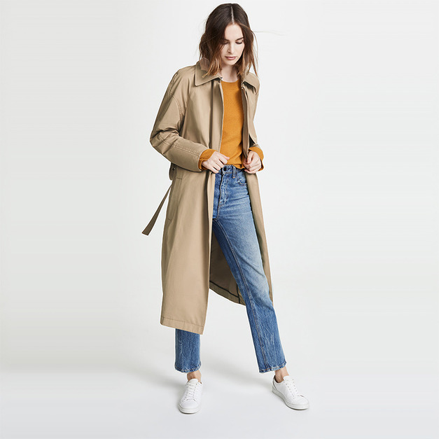 俐落肩設計 側下擺開叉獵裝式薑黃色風衣