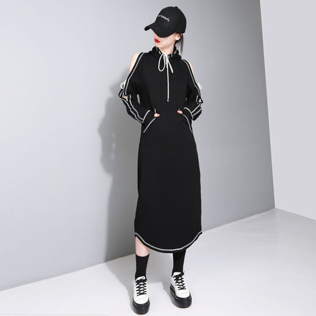 撞色壓線條 露肩連帽純棉薄款連身衛衣 (3色)