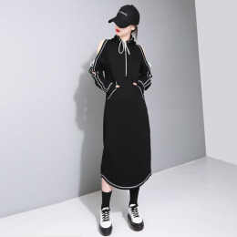 撞色壓線條 露肩連帽純棉薄款連身衛衣 (3色)