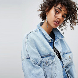 性格復古風 短版直筒箱型下擺磨毛水洗牛仔外套