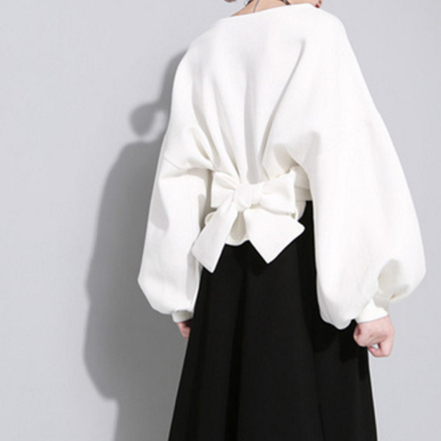 蝴蝶結綁帶 燈籠袖圓領寬鬆套頭衛衣 (2色)