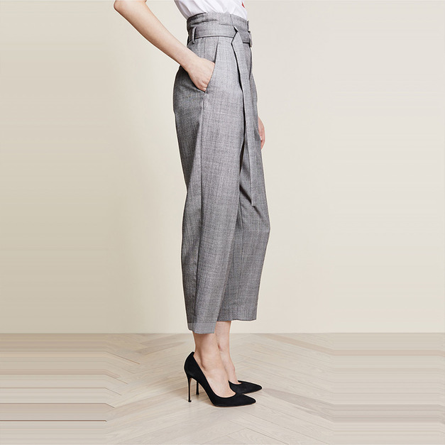 俐落高腰 修腿金屬環綁帶直筒九分褲