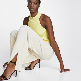 微彈力腰 褲腳個性開叉高腰寬褲 (2色)