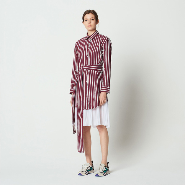 假兩件 百褶雪紡拼接下擺襯式洋裝