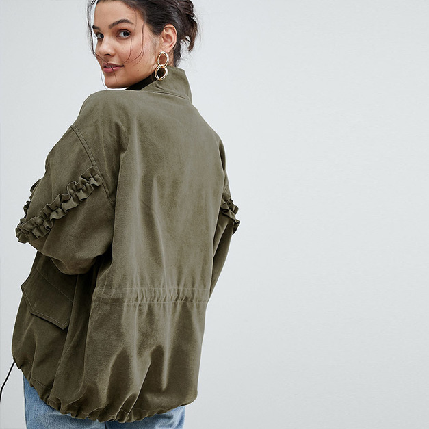 木耳邊設計 軍綠立領抽繩飛行夾克