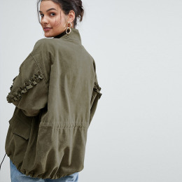 木耳邊設計 軍綠立領抽繩飛行夾克