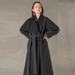 經典雙排釦 拼接色長款毛呢綁帶式大衣