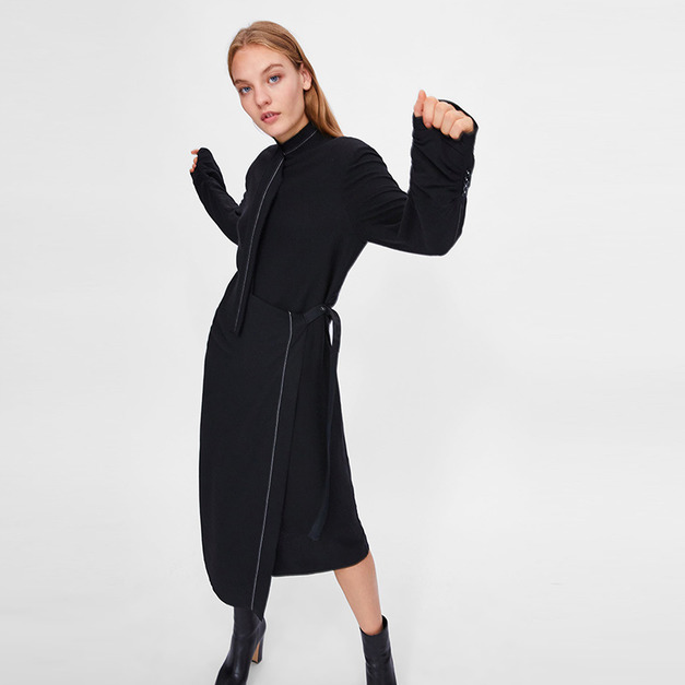 線條風 小立領裹巾式不對稱褶皺連身洋裝