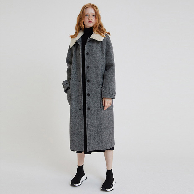 可拆毛絨領 H型修身長版毛呢格紋大衣