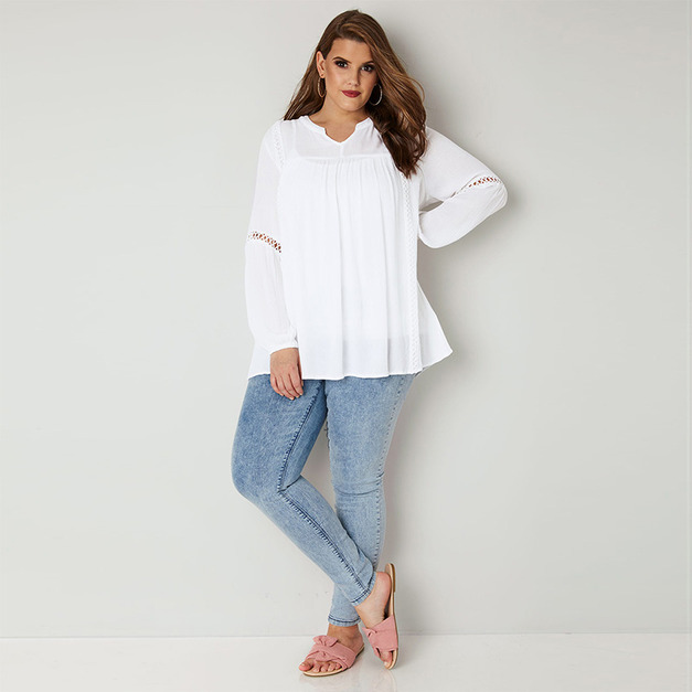 【大尺碼】簡約花邊 鬆緊袖口小U字立領襯式上衣
