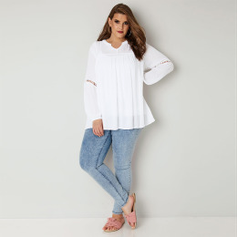 【大尺碼】簡約花邊 鬆緊袖口小U字立領襯式上衣