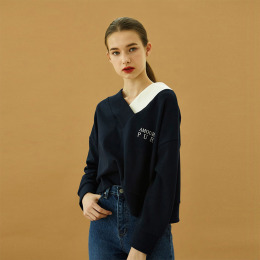 不對稱撞色 百搭V領下擺字母繡花寬鬆短衛衣 (2色)