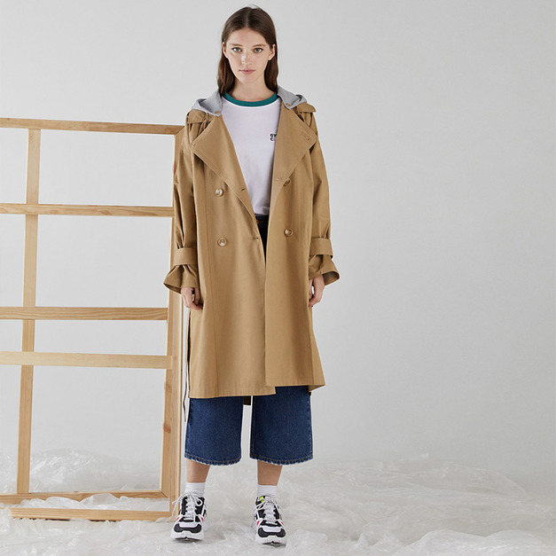 自由風 袖口褶皺寬鬆可拆式連帽風衣