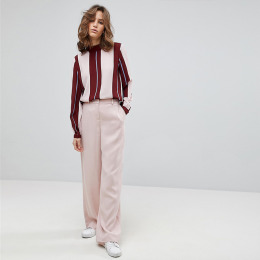 通勤OL風 撞色直條拼接小高領套頭雪紡上衣