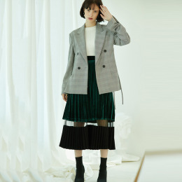 歐美簡約 通勤百搭性感網紗拼接百褶裙