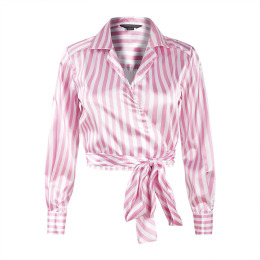 氣質條紋 個性蝴蝶結綁短版翻領襯衫