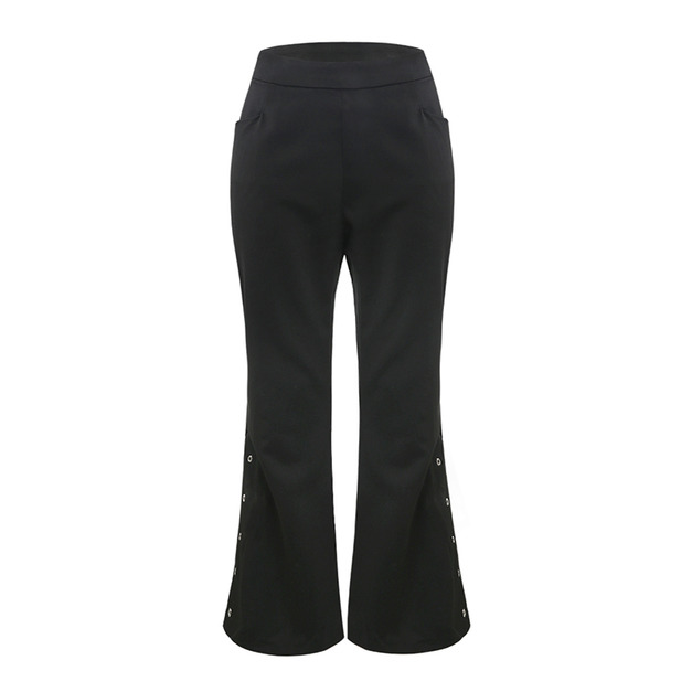 【大尺碼】修身顯瘦 高腰金屬圈鏤空開叉微喇叭九分褲