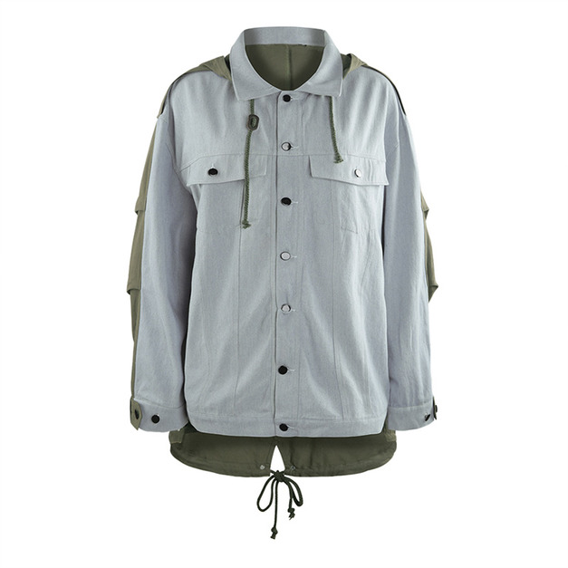 【大尺碼】簡約中性風 前短後長夾克與襯衫拼接混合外套